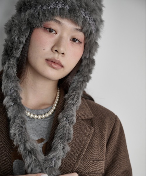 THE Yon ニット帽 ニットキャップ ラビットファー編み込みニット