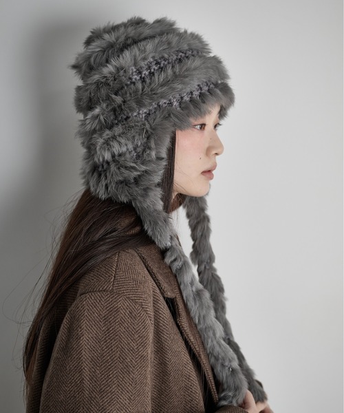 THE Yon ニット帽 ニットキャップ ラビットファー編み込みニット