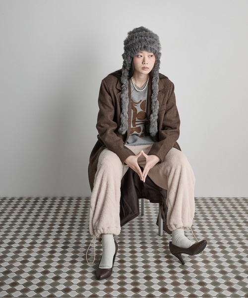 THE Yon ニット帽 ニットキャップ ラビットファー編み込みニット