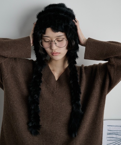 THE Yon ニット帽 ニットキャップ ラビットファー編み込みニット