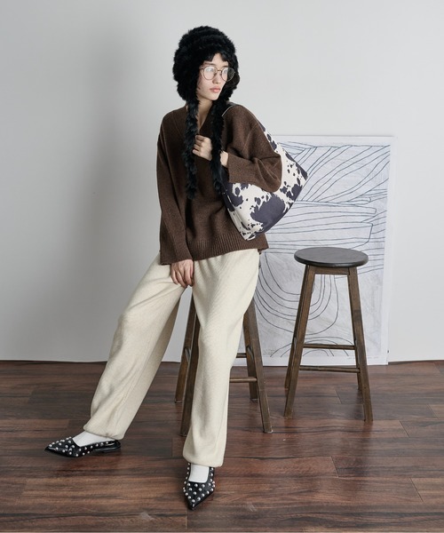 THE Yon ニット帽 ニットキャップ ラビットファー編み込みニット