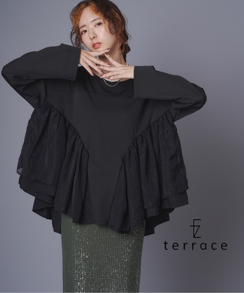 美品✨yori ティアード フリル カットソー 黒 ペプラム フレンチスリーブ terrace フリルペプラムヘムティアードプルオーバー レディース