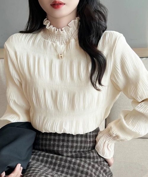 ブラウス シャツ ハイネックシアーフリルブラウス レディース