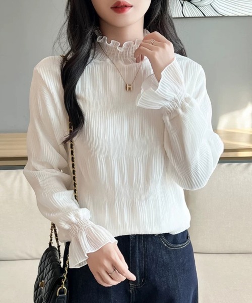 ブラウス シャツ ハイネックシアーフリルブラウス レディース