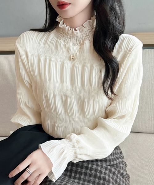 ブラウス シャツ ハイネックシアーフリルブラウス レディース