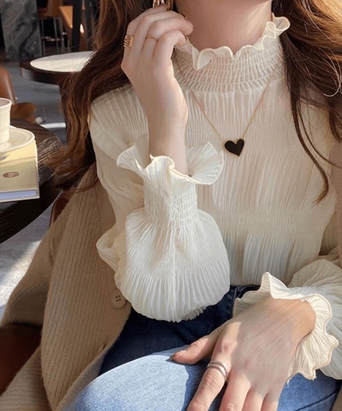 ブラウス シャツ ハイネックシアーフリルブラウス レディース