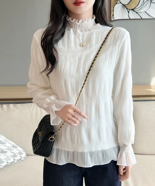 ブラウス シャツ ハイネックシアーフリルブラウス レディース