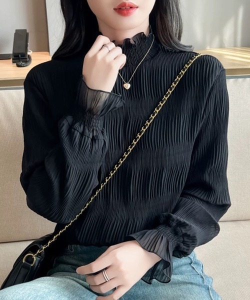 美品　黒いフリル付きハイネックシャツ ブラウス シャツ ハイネックシアーフリルブラウス レディース