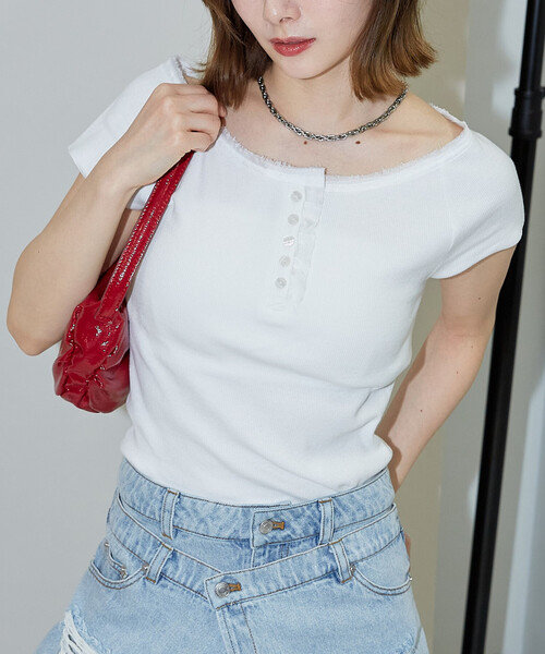 PUBLUX（パブリュクス） ヘンリーネック tシャツ 半袖 襟 レース 切替
