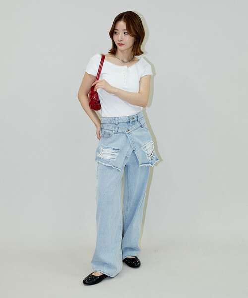 PUBLUX（パブリュクス） tシャツ 襟 レース 切替 ヘンリー リブ T
