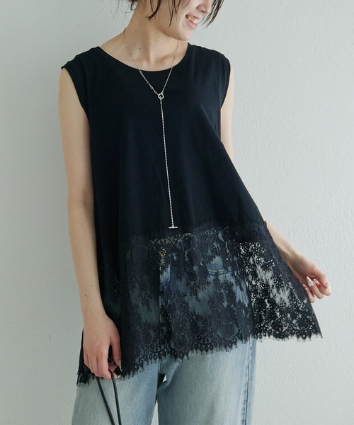 tシャツ レースヘムノースリーブカットソー レディースの画像