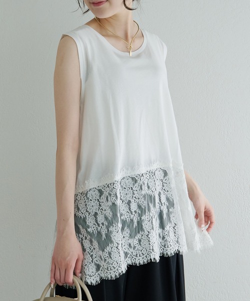 tシャツ レースヘムノースリーブカットソー レディースの画像