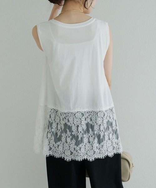 tシャツ レースヘムノースリーブカットソー レディースの画像