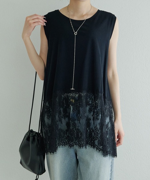 tシャツ レースヘムノースリーブカットソー レディースの画像