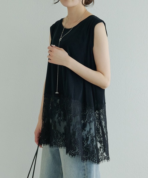 tシャツ レースヘムノースリーブカットソー レディースの画像