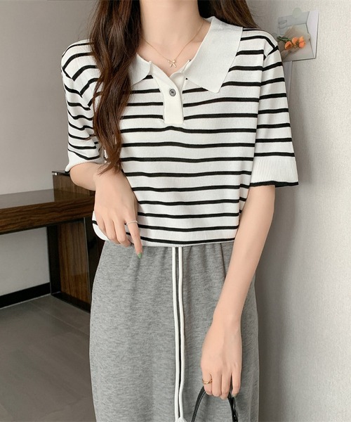 tシャツ ポロネックボーダーニットTシャツ レディース : ZOZOTOWN