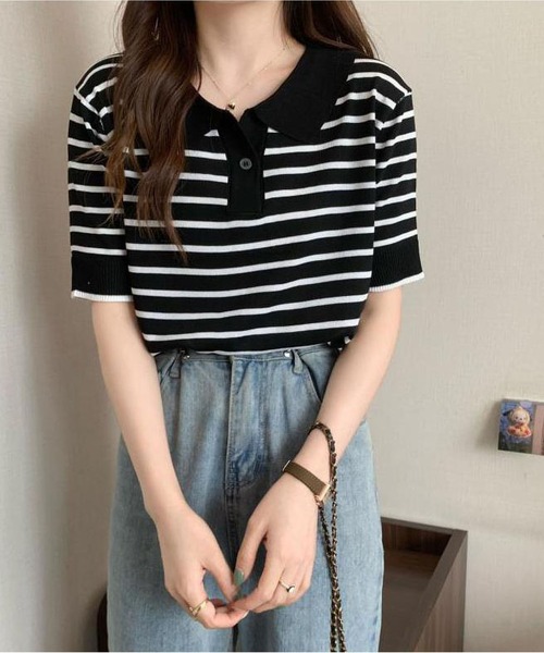tシャツ ポロネックボーダーニットTシャツ レディース