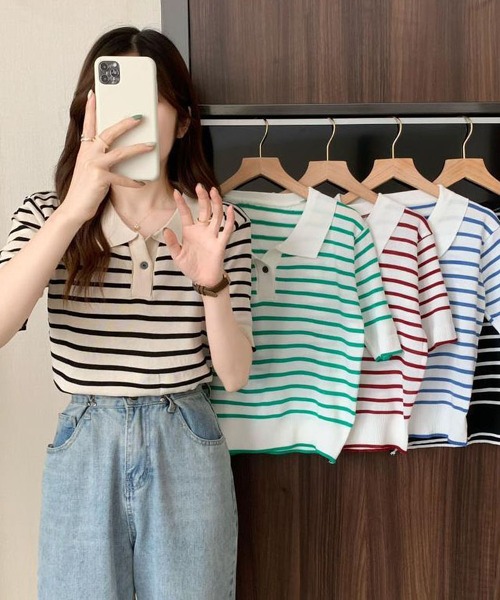 tシャツ ポロカラー配色ボーダーTシャツ レディース tシャツ ポロネックボーダーニットTシャツ レディース