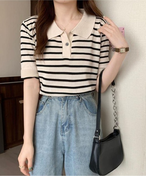 tシャツ ポロネックボーダーニットTシャツ レディース
