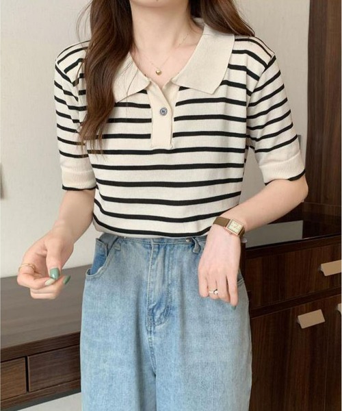 tシャツ ポロネックボーダーニットTシャツ レディース