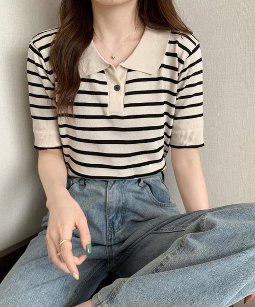 tシャツ ポロネックボーダーニットTシャツ レディース
