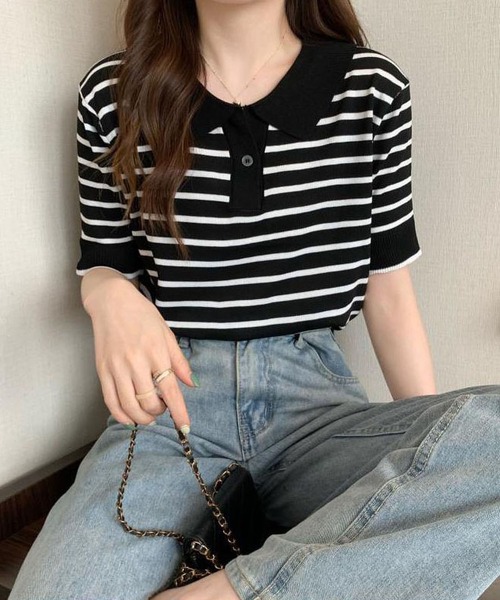 tシャツ ポロネックボーダーニットTシャツ レディース