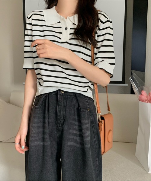 tシャツ ポロネックボーダーニットTシャツ レディース