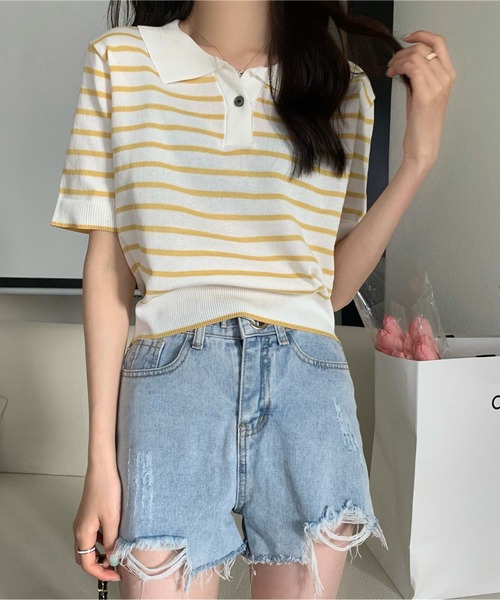 tシャツ HelloボーダーT レディース tシャツ ポロネックボーダーニットTシャツ レディース