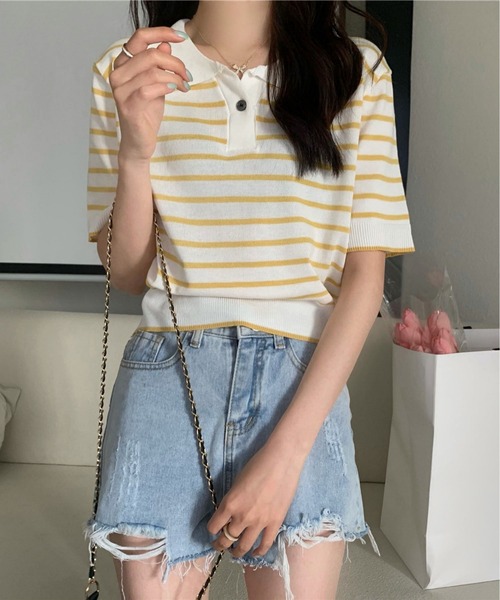 tシャツ ポロネックボーダー レディース tシャツ ポロネックボーダーニットTシャツ レディース