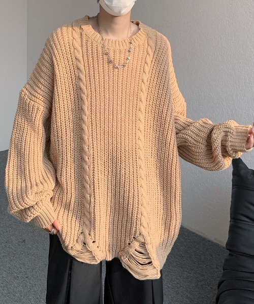 セーター ニット 「FVLMEN」cable damage crew knit pullover/ケーブル 