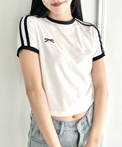 SOLLON. tシャツ リボン刺繍ラインミニTシャツ レディース