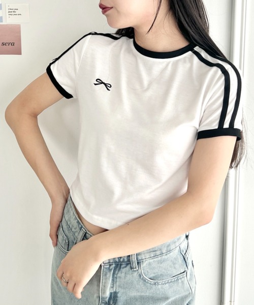 SOLLON. tシャツ リボン刺繍ラインミニTシャツ レディース