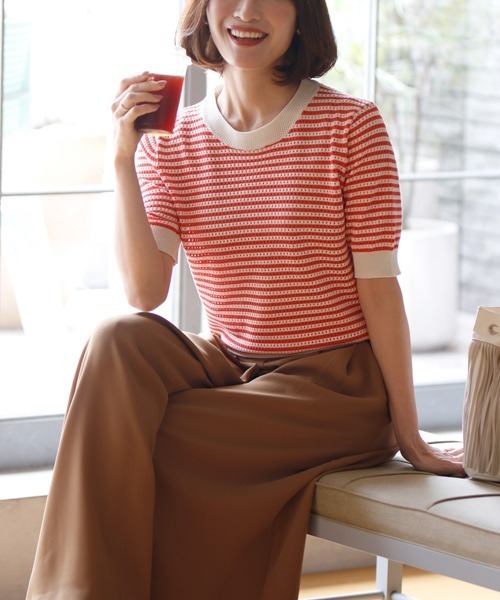 ニット セーター デイリーで役立つ！きれカジニットT半袖ボーダートップス レディース Ehre style ニット セーター デイリーで役立つ！きれカジニットT