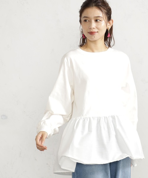 tシャツ ドットドビー切替パフスリーブプルオーバー レディース FOUND GOOD tシャツ 布帛裾切替プルオーバー レディース