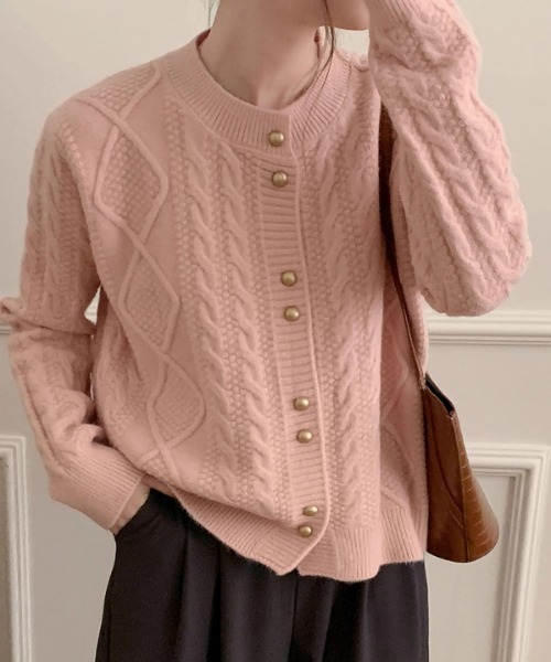 GOLDEN  ニットカーディガン Diosfront カーディガン ゴールドボタンケーブルニットカーディガン