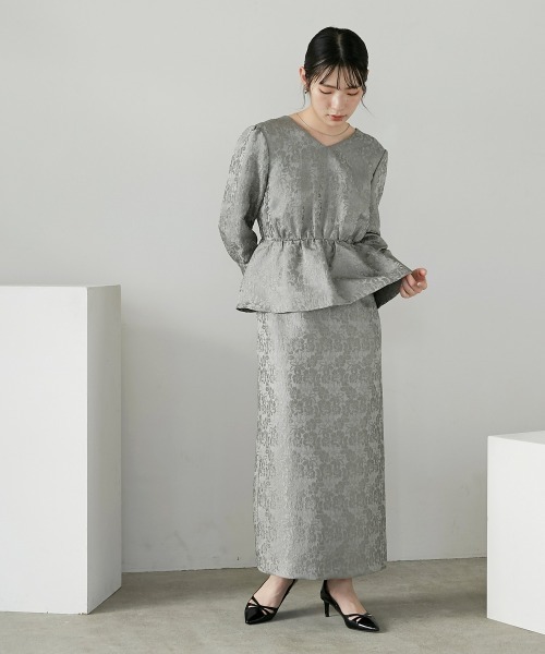 Callarus ドレス Vネックジャガードペプラムデザインワンピース