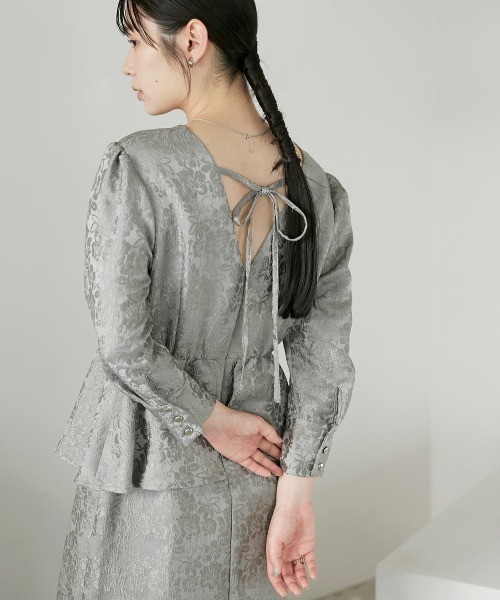 Callarus ドレス Vネックジャガードペプラムデザインワンピース