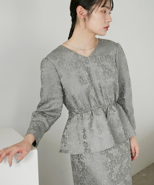 本日限定価格★Callarus Ｖネック ペプラムデザインワンピース ジャガード Callarus ドレス Vネックジャガードペプラムデザインワンピースドレス