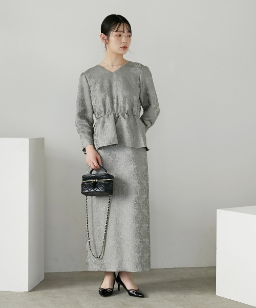 Callarus ドレス Vネックジャガードペプラムデザインワンピース