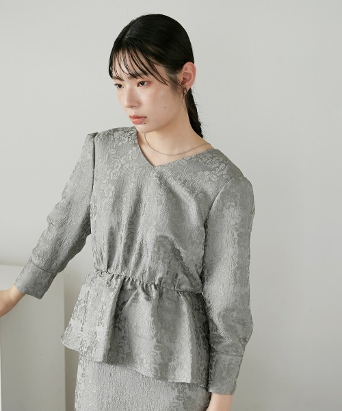 Callarus ドレス Vネックジャガードペプラムデザインワンピースドレス