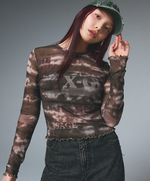 tシャツ TYPOGRAPHY AND MARBLE MESH TOP レディース