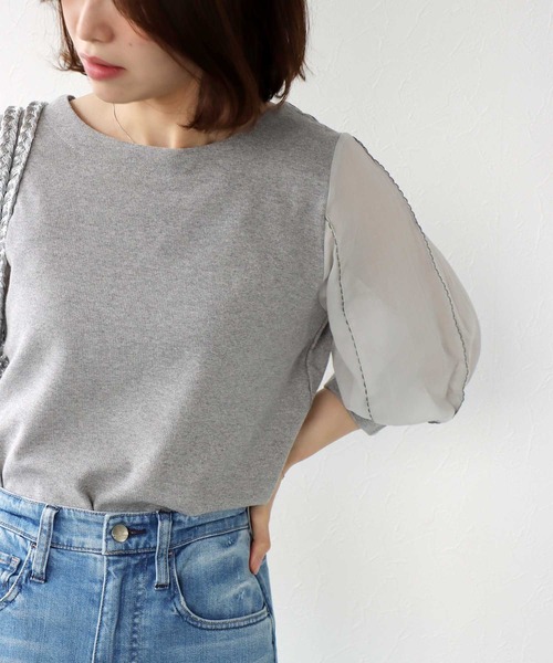 tシャツ 袖刺繍7分袖プルオーバーカットソー レディース