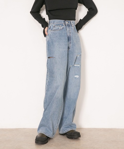 [KBF] повреждение обработка Denim брюки 38 голубой женский 