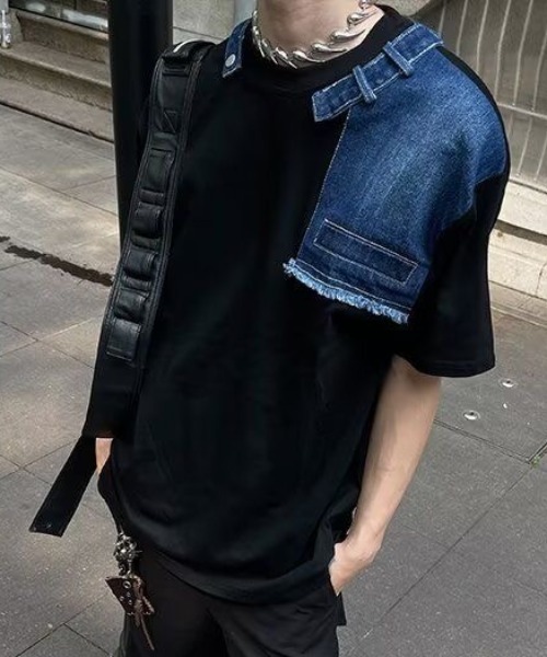 FreeZone tシャツ デニム切り替えショルダーデザインTシャツ メンズ
