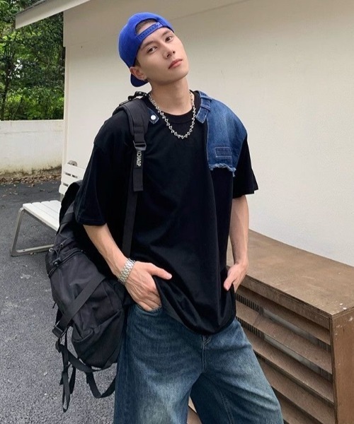 FreeZone tシャツ デニム切り替えショルダーデザインTシャツ メンズ