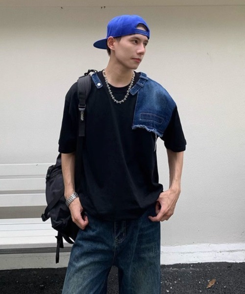 FreeZone tシャツ デニム切り替えショルダーデザインTシャツ メンズ