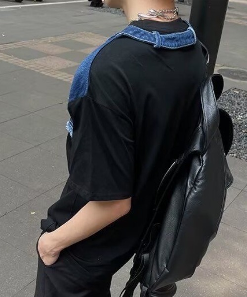 FreeZone tシャツ デニム切り替えショルダーデザインTシャツ メンズ