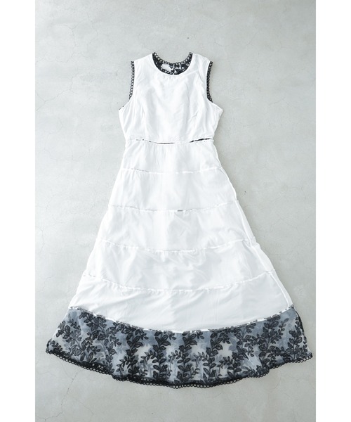 cawaii ワンピース リーフ刺繍の段フレアオーガンジーロングワンピース