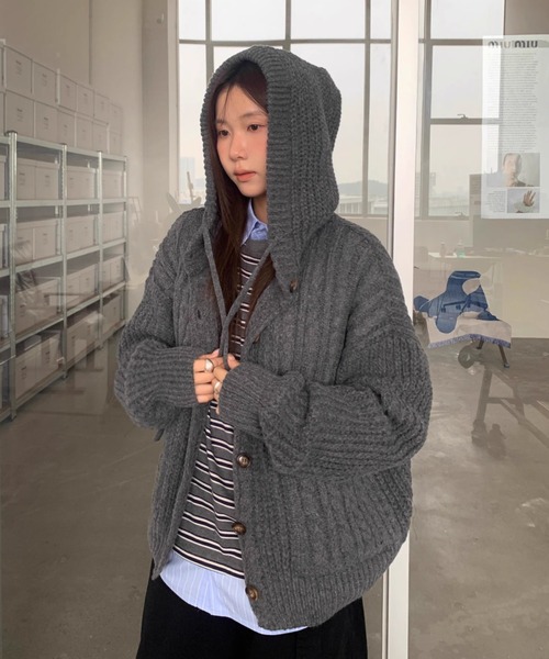 GEMEDA カーディガン 「秋冬新作」フード付きケーブルニット
