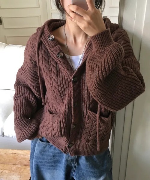 GEMEDA カーディガン 「秋冬新作」フード付きケーブルニット